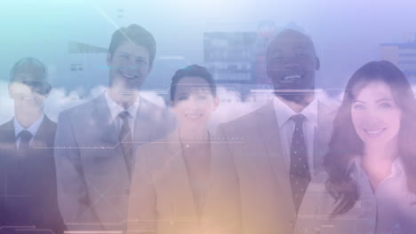 animation of data processing over group of smiling businessmen and businesswomen