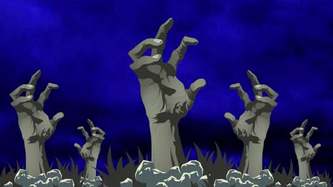 animación digital de múltiples manos de zombis contra el efecto de humo azul sobre fondo negro