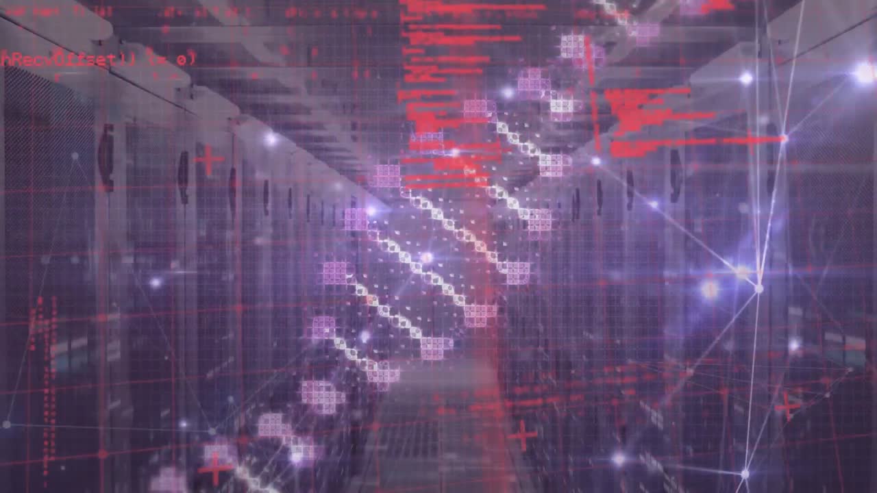 animación de la cadena de adn y procesamiento de datos con red de conexiones a través de la sala de servidores.