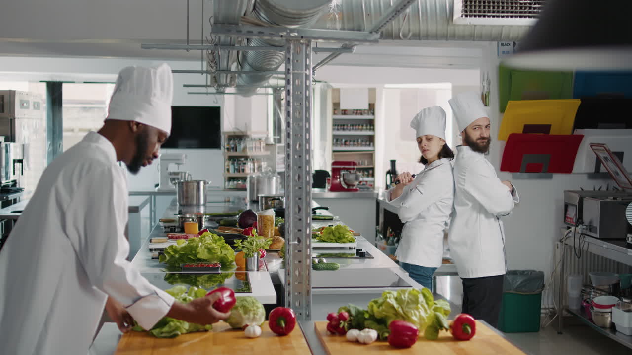 Team of professional chefs doing funny moves with knives