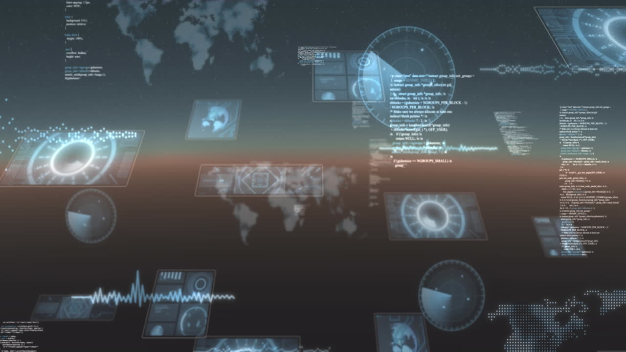 partículas rojas flotando contra múltiples escáneres redondos y procesamiento de datos sobre fondo azul