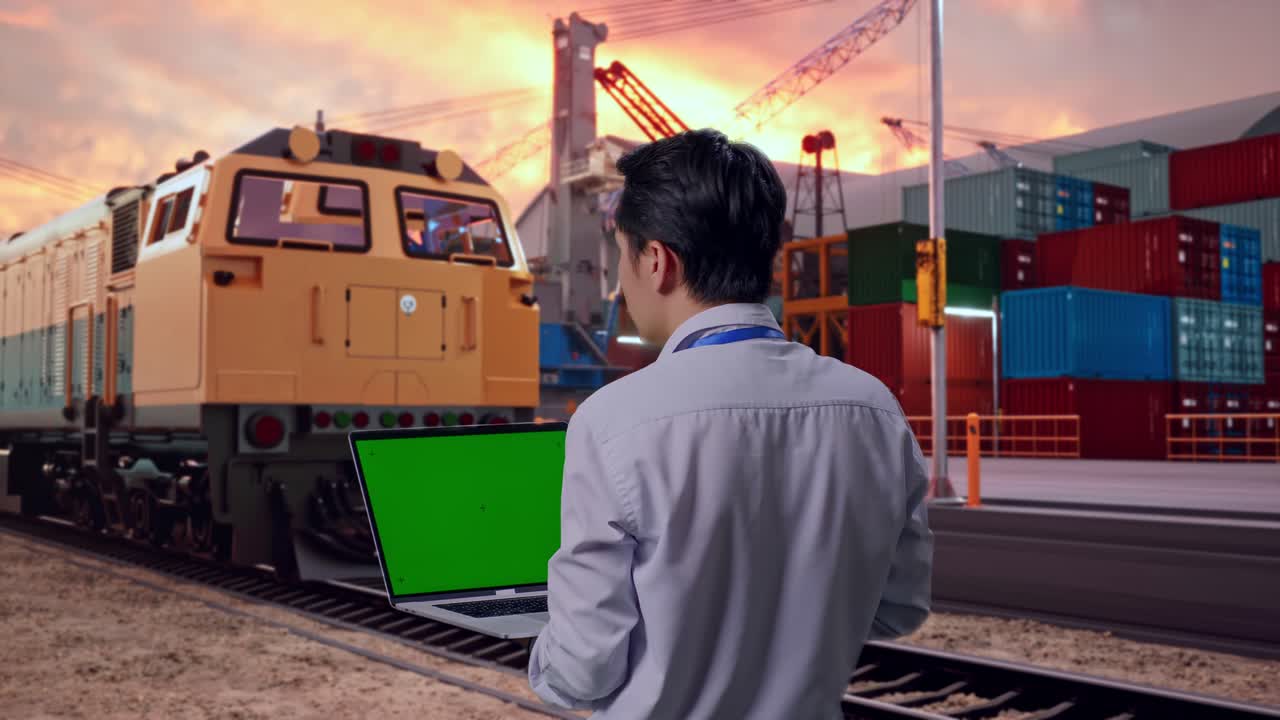 Businessman working on laptop at port with train and container
