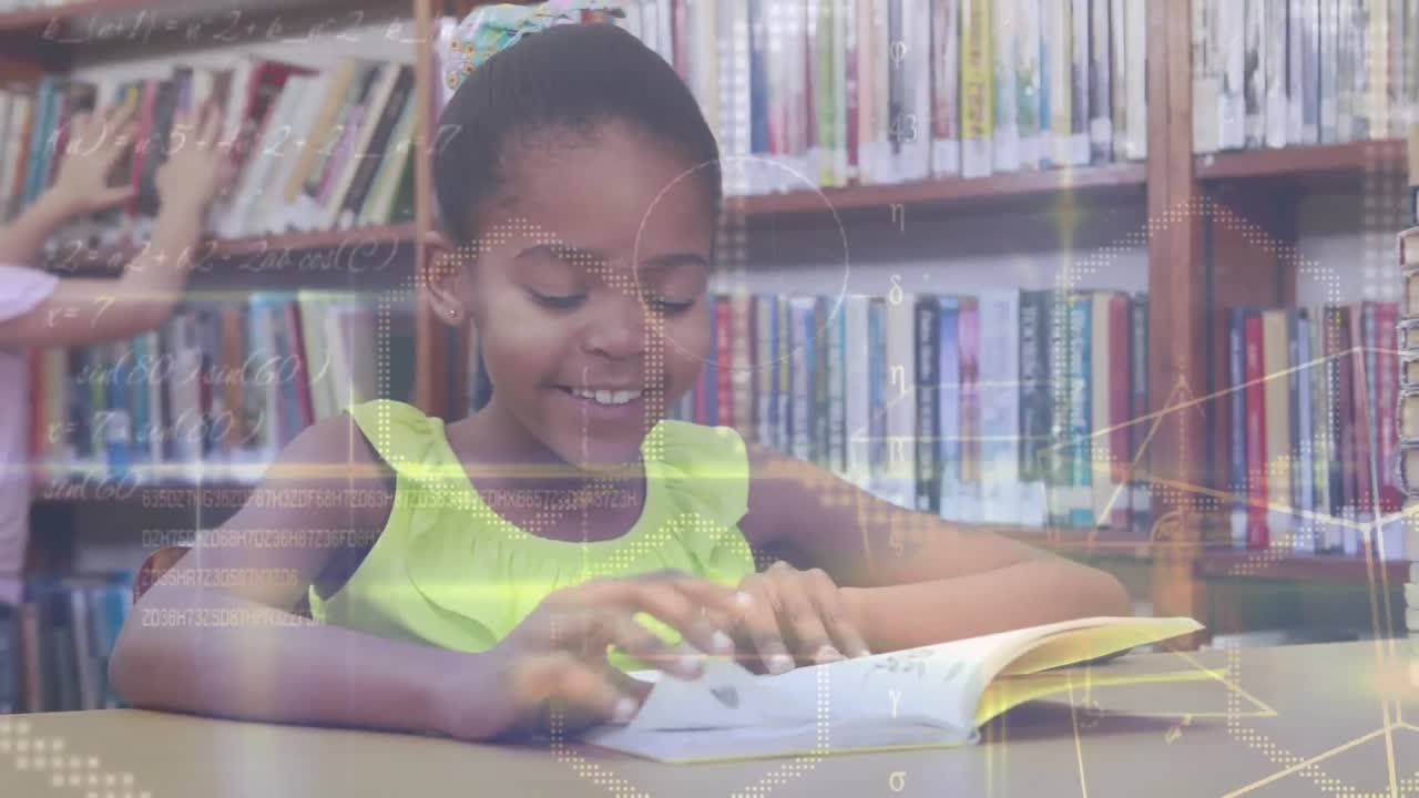 Geometrical shapes and mathematical equations against african american girl reading book at library