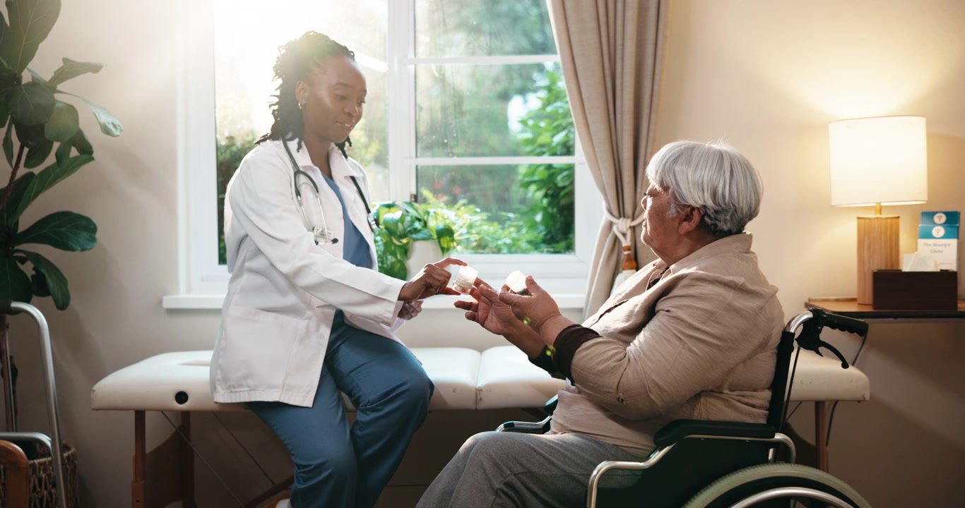 Doctor Explaining Medication to Elderly Patient in Wheelchair