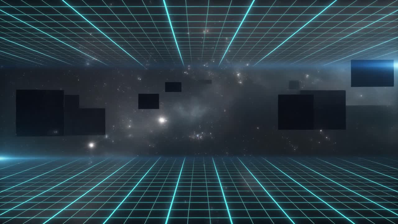 Futuristic Digital Grid with Abstract Blocks and Cosmic Background