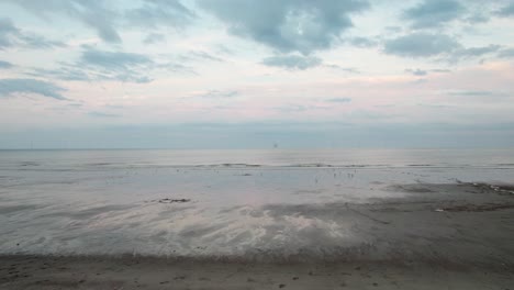 Above, there&#039;s aerial footage of a picturesque sunset beach, complete with glistening wet sand, a serene purple and pink sea, and people walking their dog in silhouette