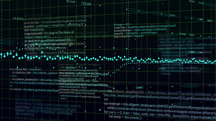 Animation of data processing and diagrams over black background