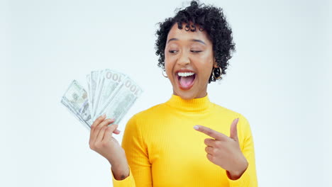 money, hand pointing and woman face with cashback