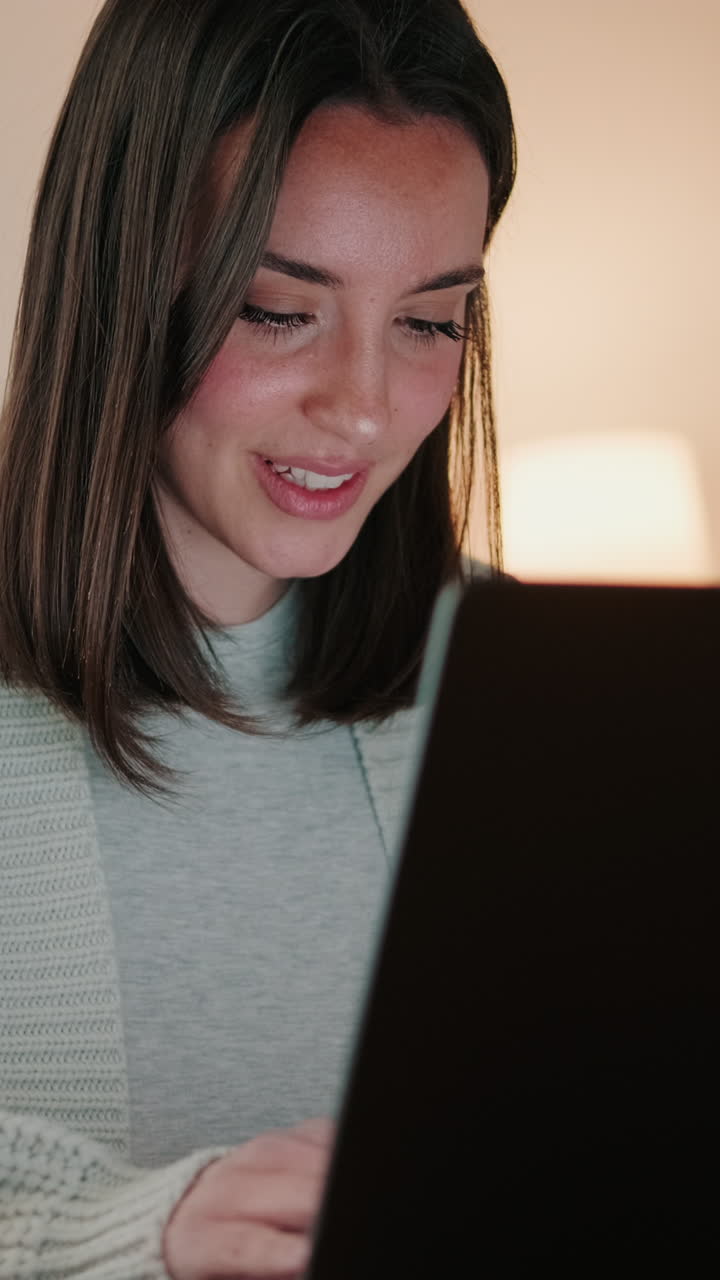 Young Woman Smiling and Typing on Laptop at Home