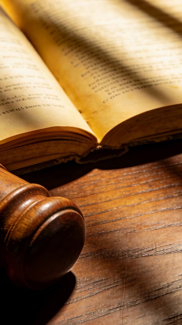 Vertical video: Shifting sunlight crossing open aged book on desk, revealing printed text and gavel