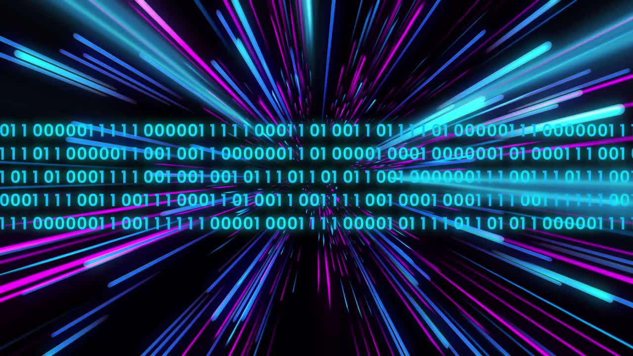 Animation of binary coding over pink and blue neon light trails