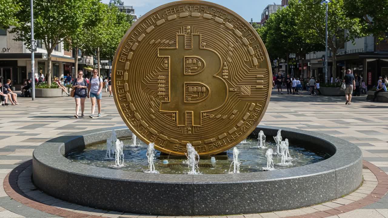 A Giant Bitcoin Sculpture Amidst a Lively Public Square, Capturing the Intersection of Cryptocurrency and Urban Life in a Modern Setting
