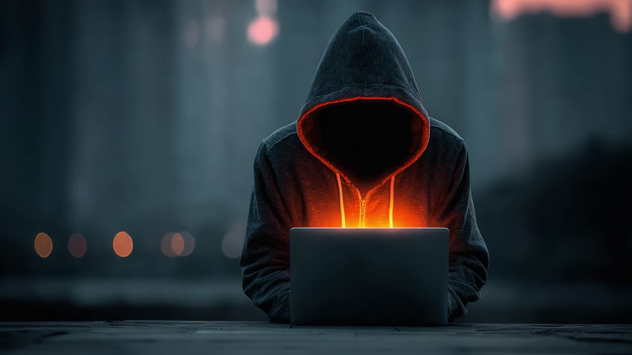 A Mysterious Individual Engrossed in a Laptop, Cloaked in Shadows, Illuminated by a Glowing Orange Light, Represents the Intersection of Technology and Intrigue