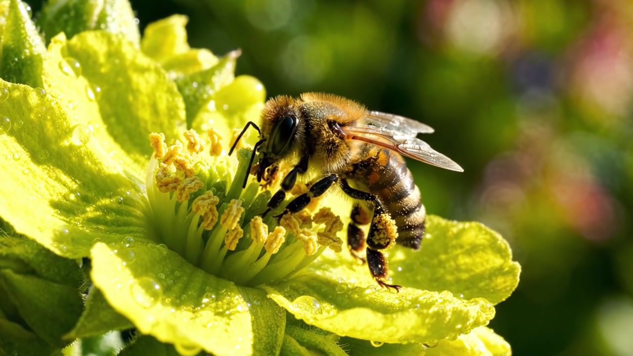 Close-Up of a Honey Bee Pollinating a Vibrant Yellow Flower, Capturing Nature's Beauty with Dew-Kissed Petals in an Enchanting Garden Setting