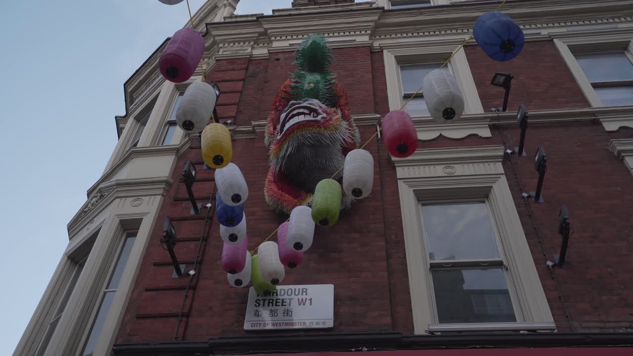 london city centre chinatown street decoration with colorful lanters and dragon figure