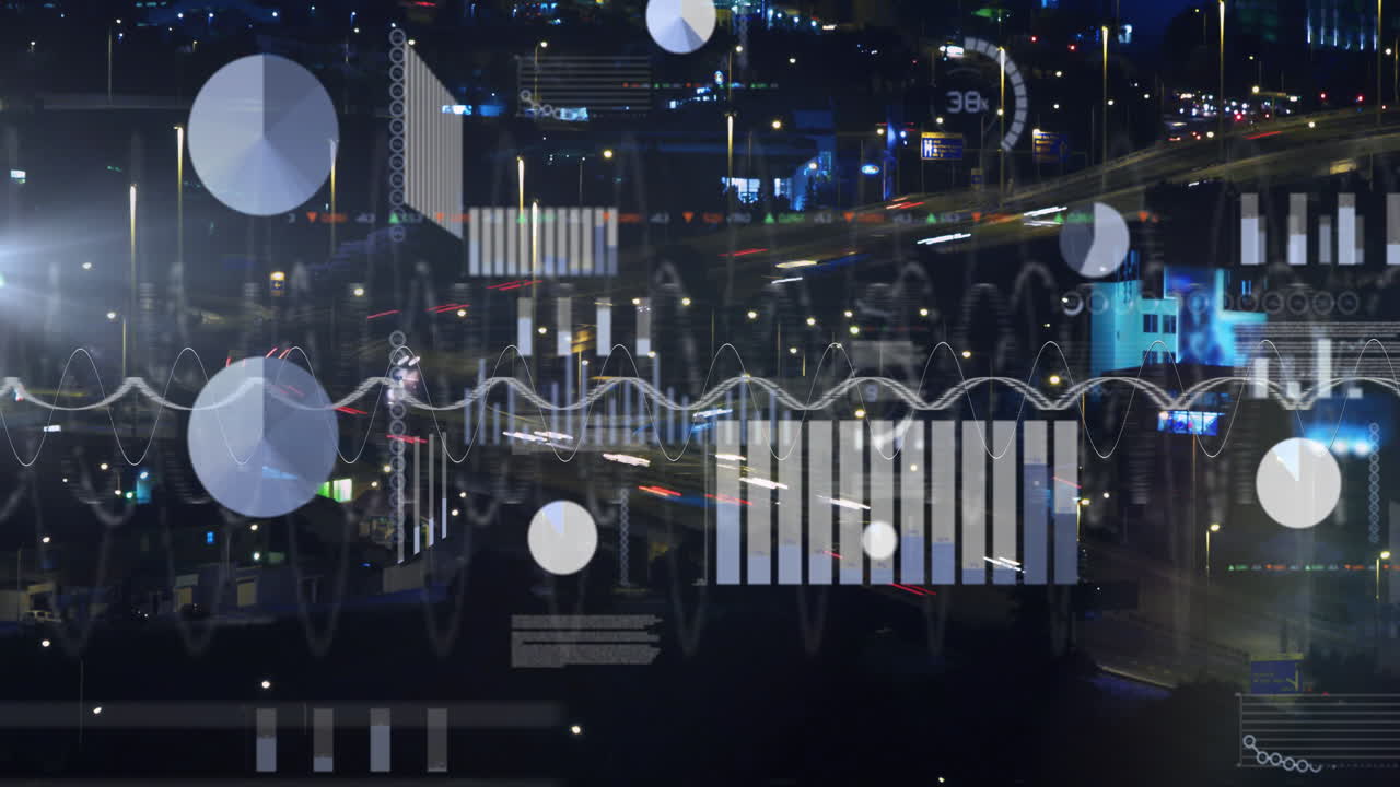 Animating graphs and charts over cityscape, showcasing data visualization techniques