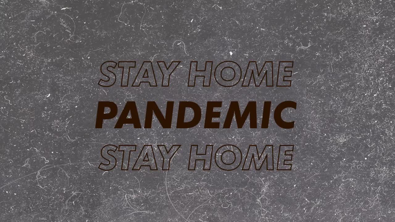 "pandemic stay at home"라는 단어가 회색 바탕에 갈색과 빨간색 글자로 쓰여져 있습니다.