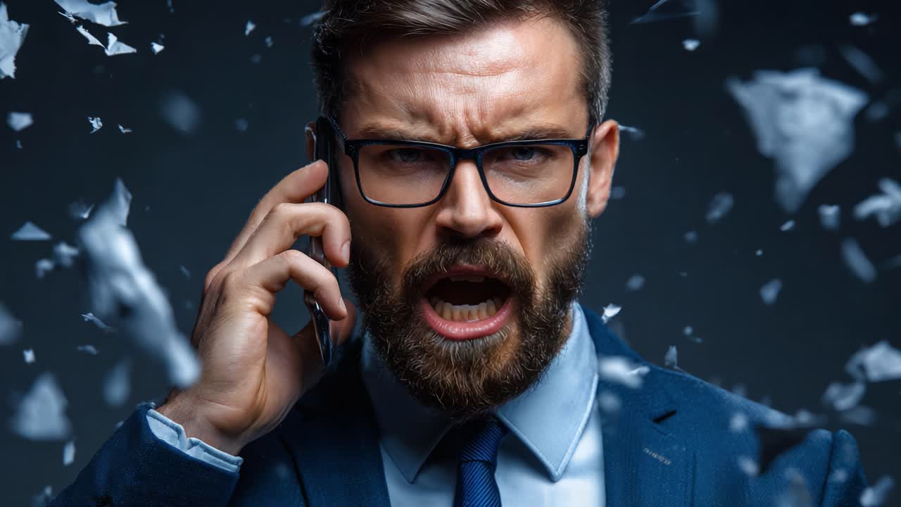Intense Businessman on Phone: Emotions in Action as Fragments of Paper Flurry Around During a Heightened Moment of Dramatic Communication