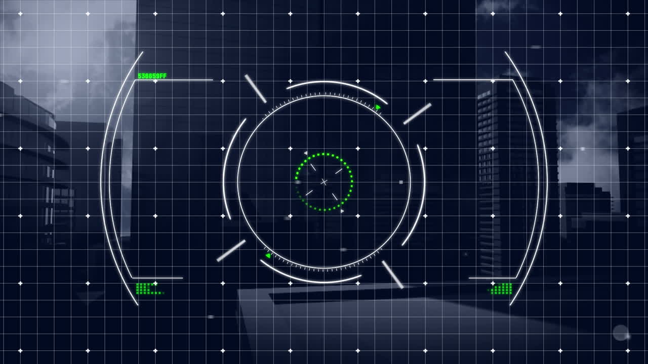 구름이 가득한 하늘을 배경으로 건물에 그리드 패턴을 형성하는 연결된 점 위의 원의 애니메이션