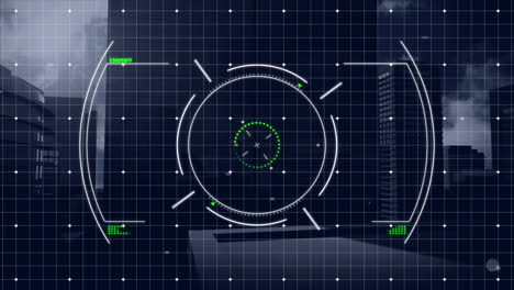 animación de círculos sobre puntos conectados que forman un patrón de cuadrícula en edificios contra un cielo nublado.