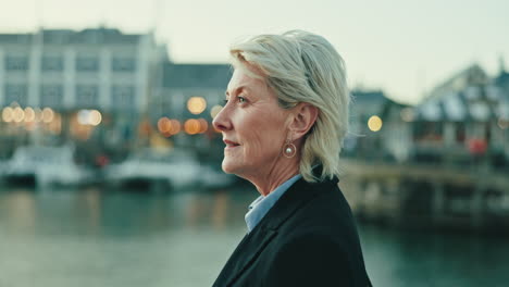 happy face, senior woman and ceo in city