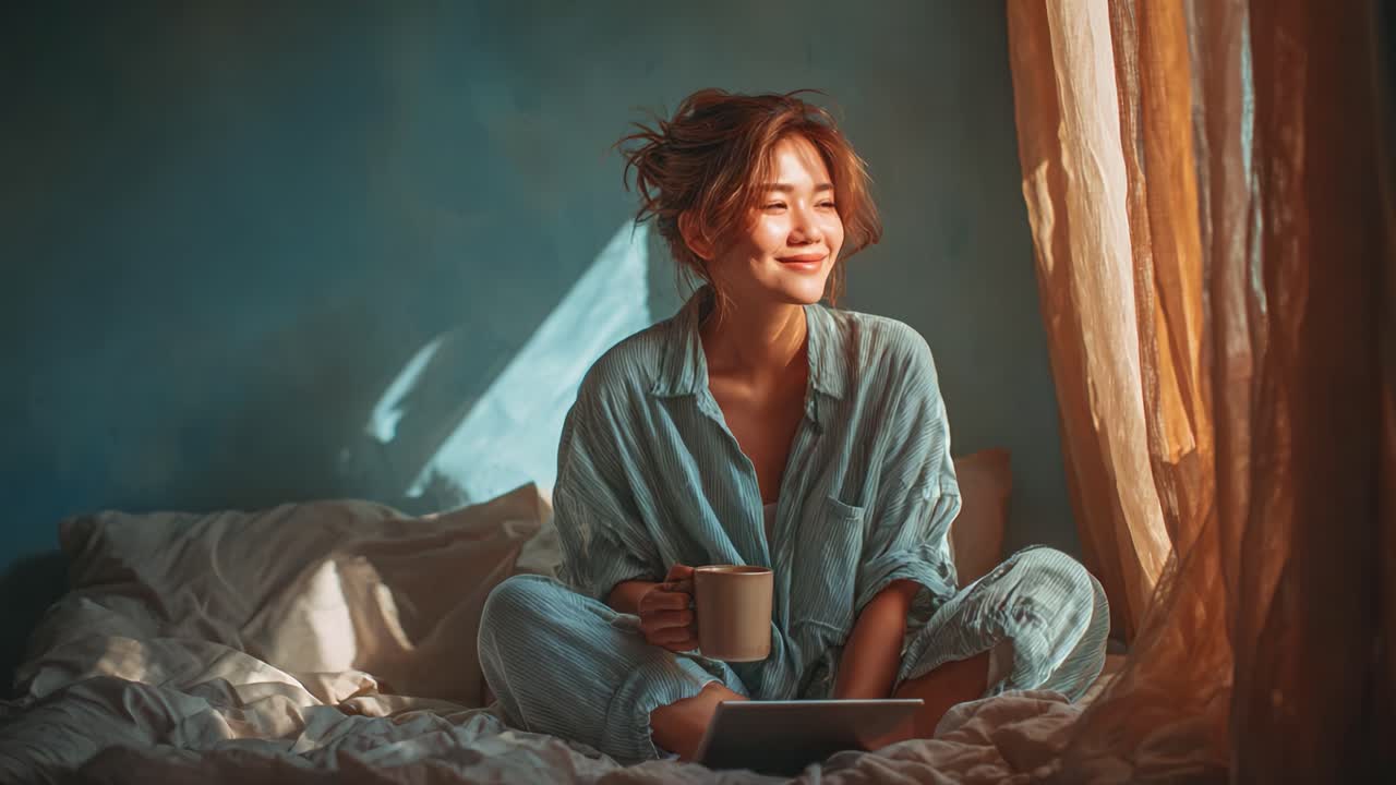 Un sereno momento mattutino: una giovane donna si gode un momento di relax con un caffè e un portatile mentre si rilassa in una stanza ben illuminata con tende leggere