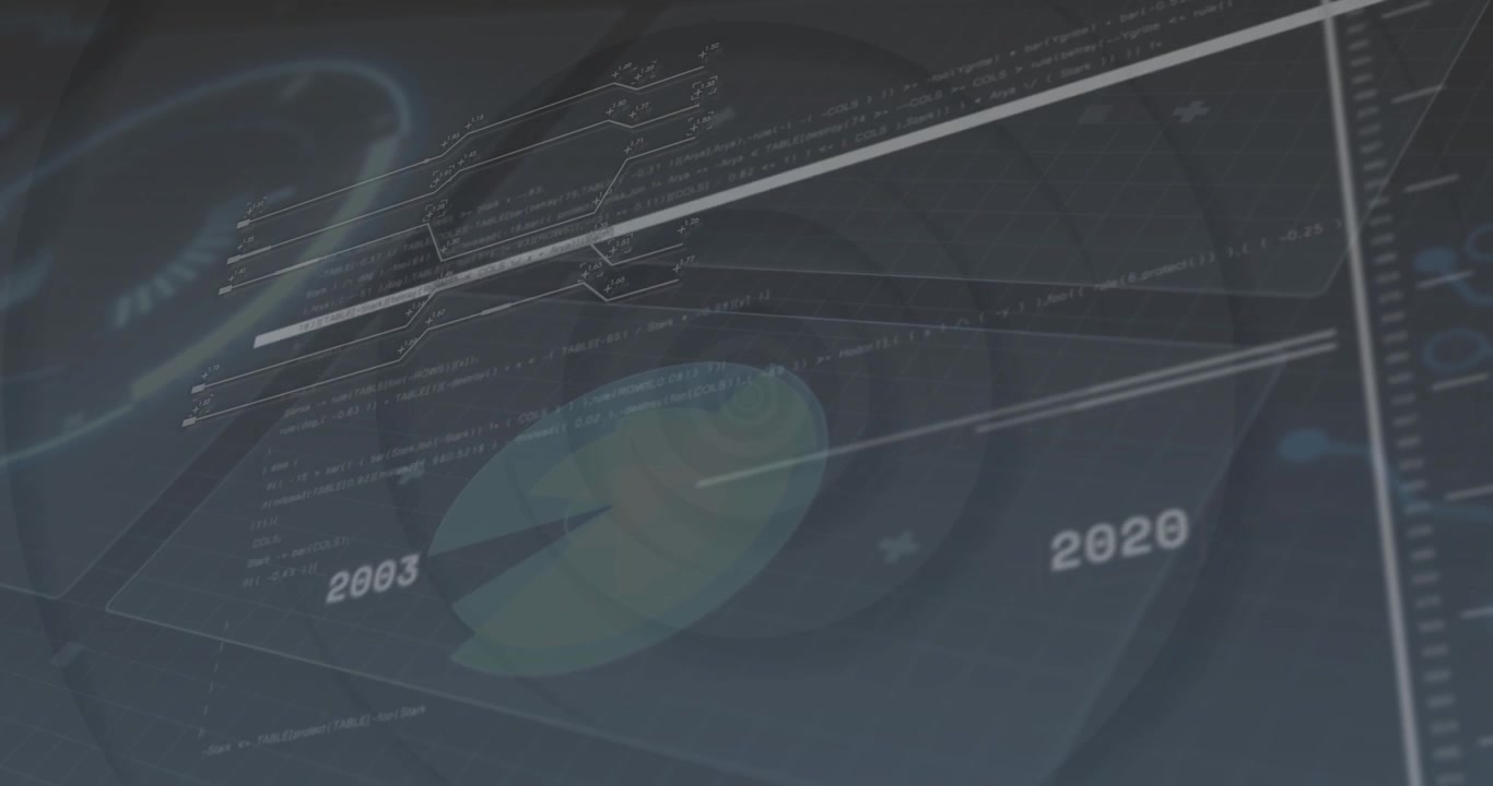 Visualizzazione dati HUD che appare, animando bande e una rete pulsante mentre mostra un andamento temporale