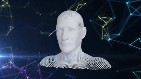 animación de busto humano formado con partículas grises con redes de conexiones en el fondo
