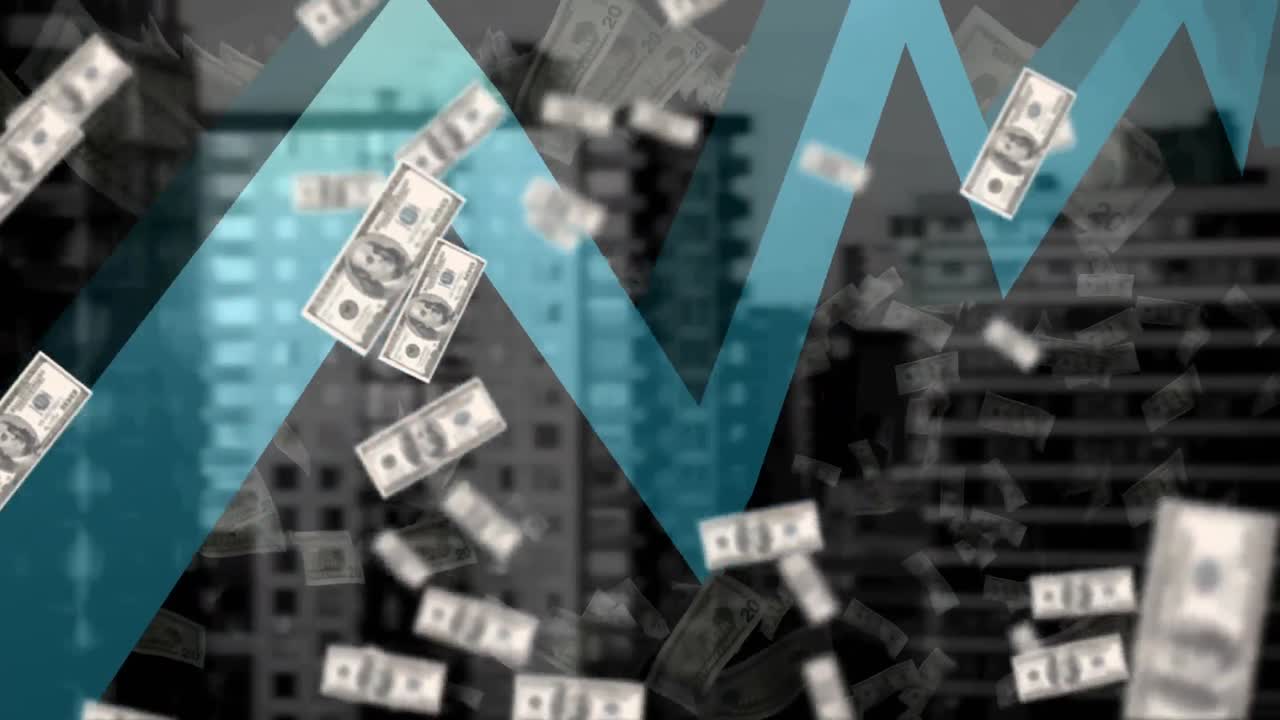 grafico blu in movimento e dollari americani che cadono contro gli edifici alti sullo sfondo
