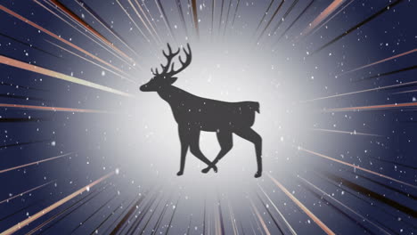 digital animation of snow falling over black silhouette of reindeer running against light trails