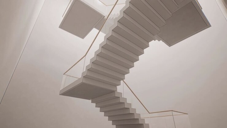 Tilting camera showing cantilever stairs in tall atrium, thin handrail, skylight emphasizing form