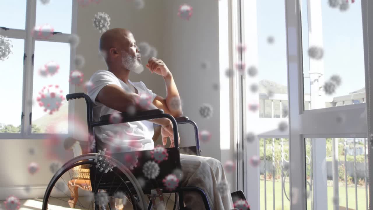 Animation of macro coronavirus Covid-19 cells over senior African American man looking at window