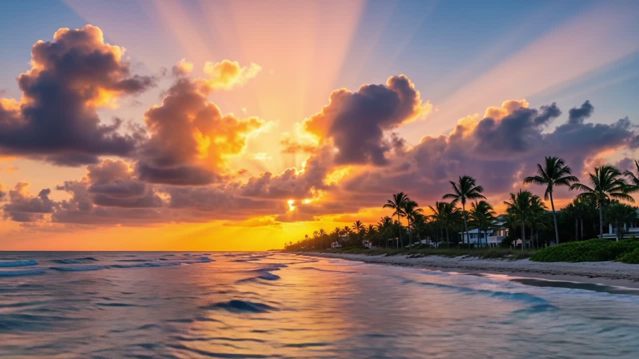 Pôr do sol fascinante sobre um litoral tranquilo: uma serenata universal de cores e ondas, iluminando o horizonte com tons quentes e reflexos suaves