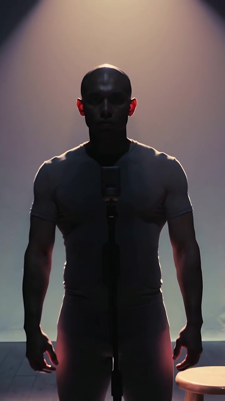 Vertical video: Pulling back showing man in fitted top walking to mic on stage, preparing to sing