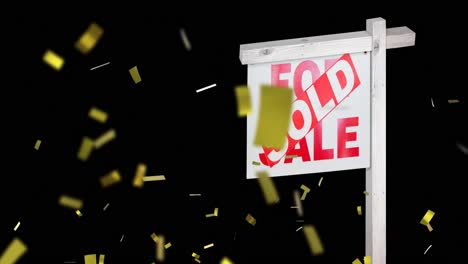 animation of sold text on house for sale sign with gold confetti falling on black background