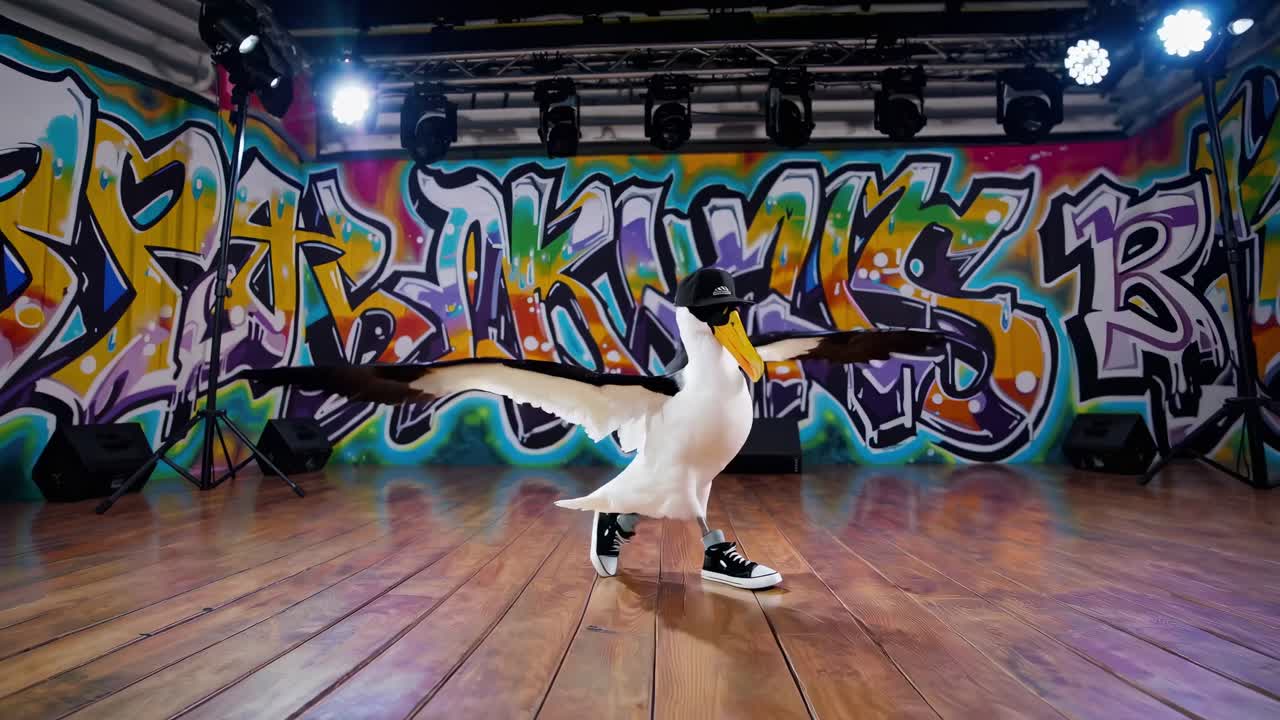 Funny albatross wearing trendy sneakers and a baseball cap dances energetically on stage, showcasing a lively choreography against a colorful graffiti backdrop, embodying joy and humor