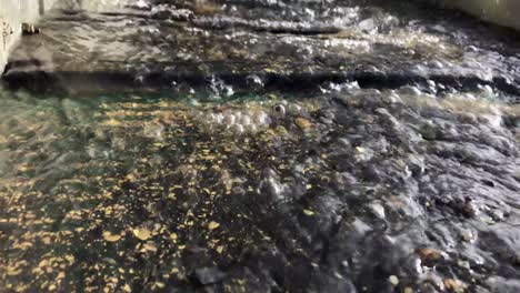 gold is separated from black sediment in sluice, close up shot