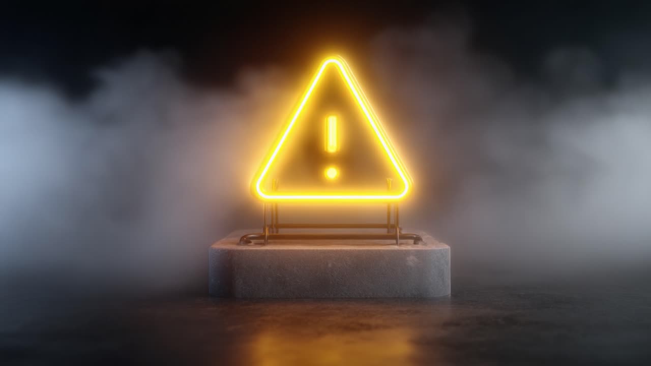 Illuminated Warning Sign: A Vibrant Neon Yellow Triangle Symbolizing Caution with an Exclamation Mark, Surrounded by a Mysterious Foggy Background
