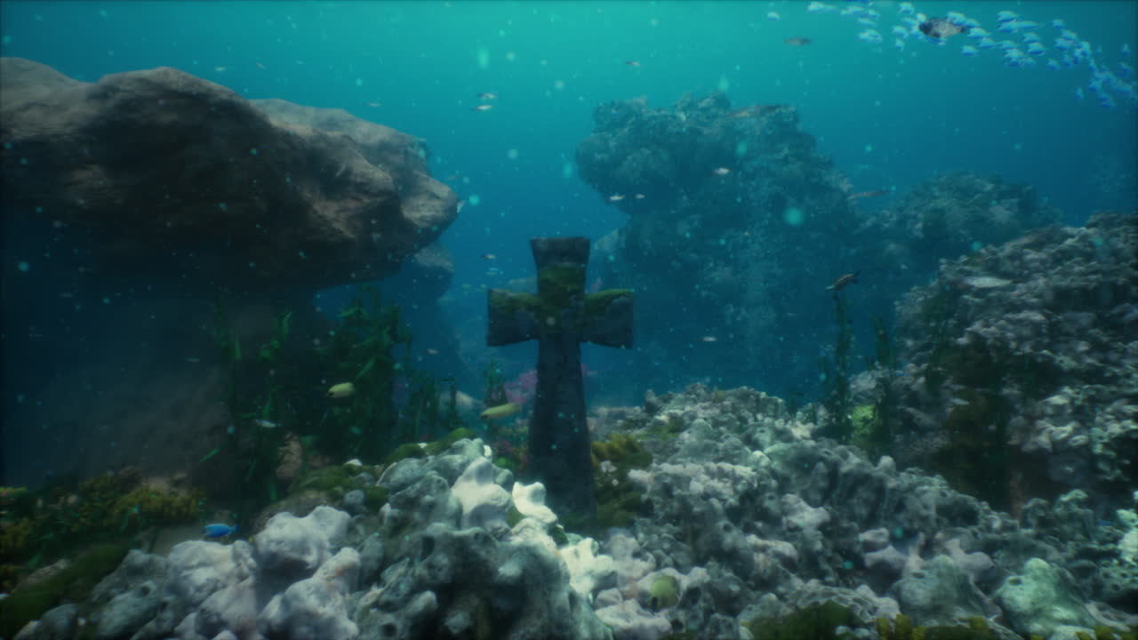 cruces bajo el agua en un cementerio hundido en el fondo de origen volcánico en el atlántico