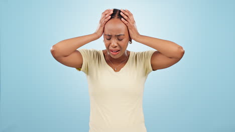 stress, panic and face of black woman in a studio