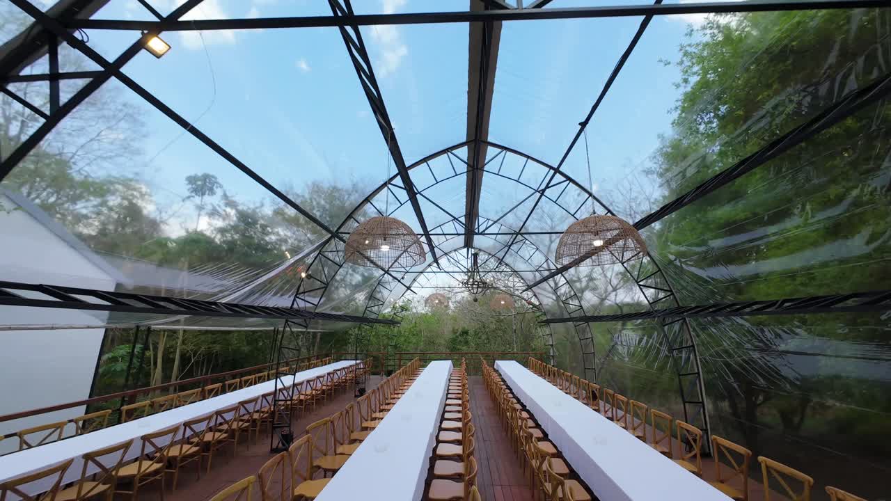 FPV drone fly inside a wedding location with beautiful decorate in Argentinian culture