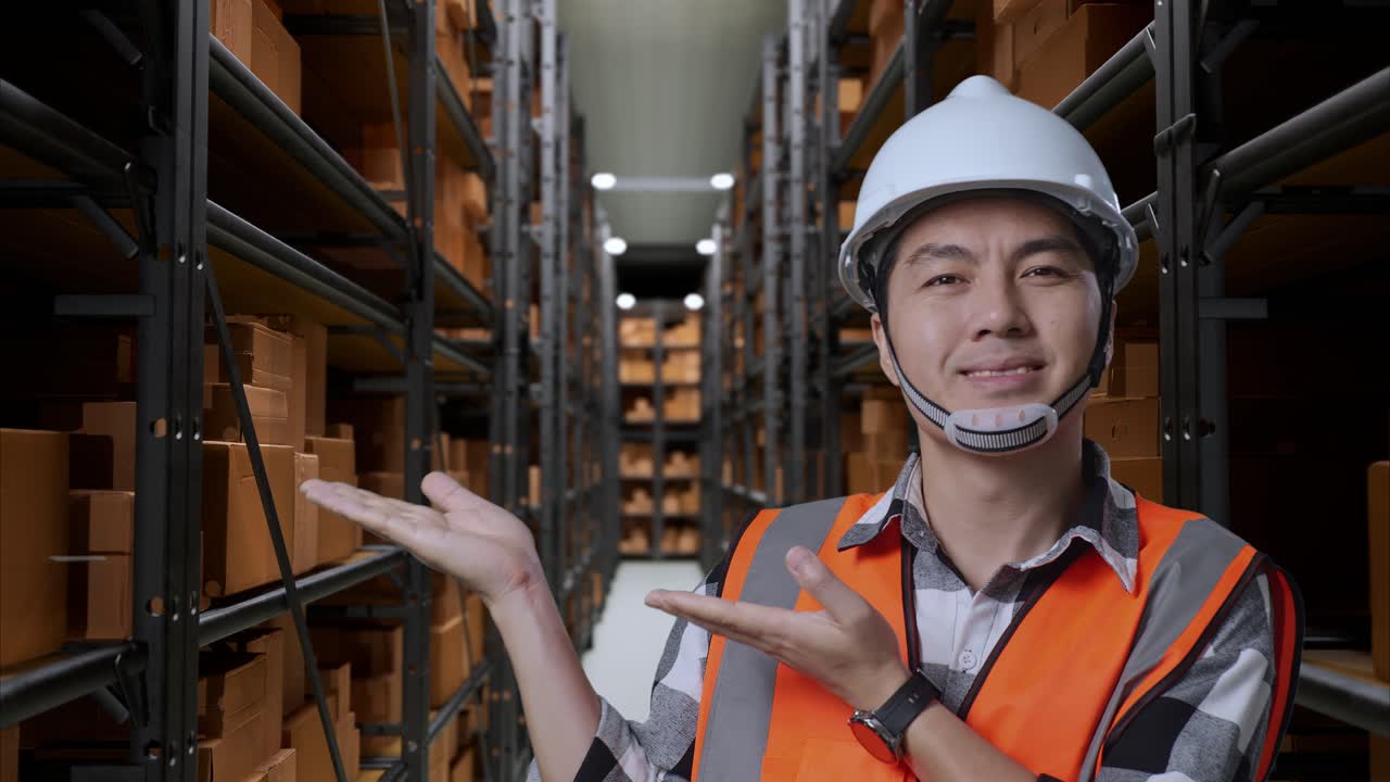 안전 헬을 입은 아시아 남성 엔지니어가 배달 물품으로 가득 찬 선반을 가진 창고에 서 있습니다. 미소 짓고 으로 가리키는 것은 창고에 있는 무언가를 추천합니다.