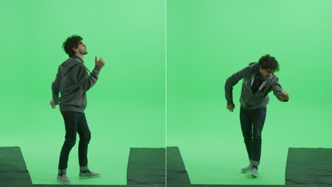 2-in-1 green screen collage: handsome smiling young man wearing casual clothes dances. front view medium camera shot. multiple angle best value package