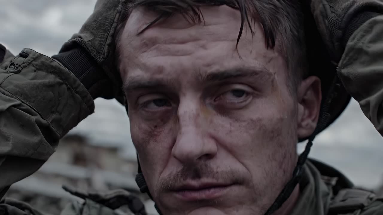 Soldier kneels amidst the rubble and destruction of a war torn city, his head bowed in contemplation of the loss and devastation surrounding him, under a cloudy sky