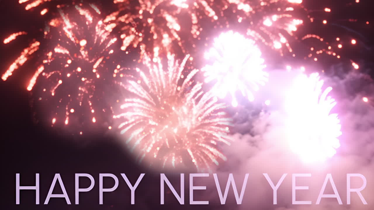 Cinemagraph de texto de feliz ano novo em branco sobre fogos de artifício brancos e dourados explodindo no céu noturno