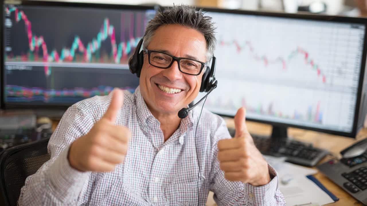 A Confident Trader Celebrating Success with Two Thumbs Up in Front of Stock Market Charts, Showcasing a Positive Attitude and Professionalism in Financial Trading Environment