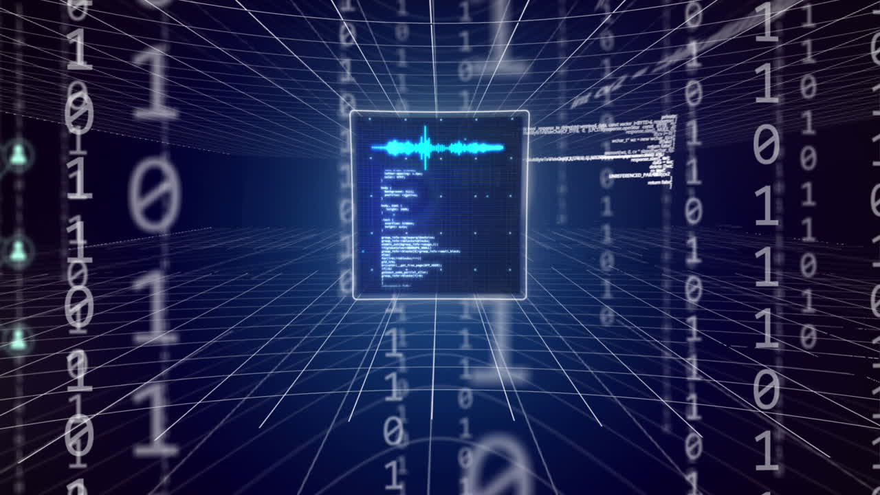 디지털 화면, 아이콘, 이진 코딩 및 데이터 처리의 애니메이션
