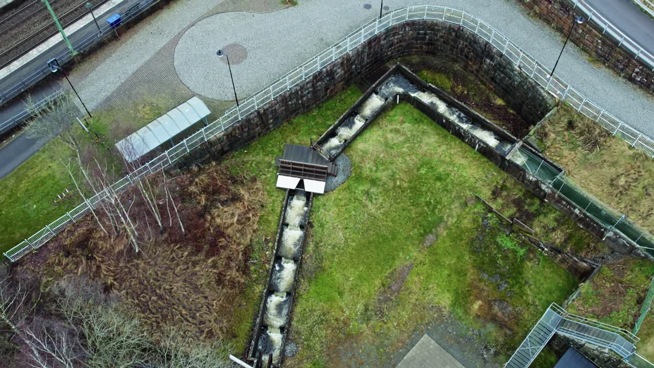 Aerial view of fish ladder at Jonsered Hydropower station, Sweden