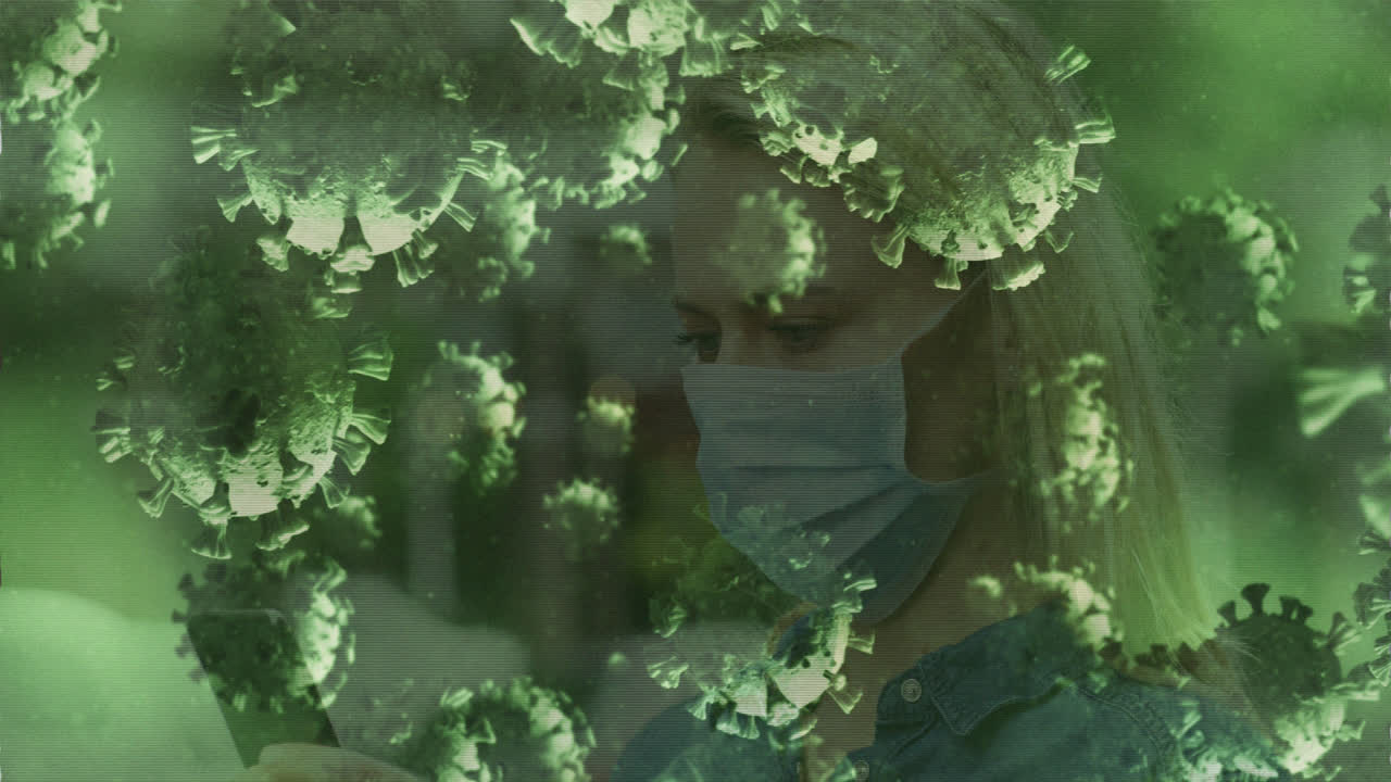 анимация клеток covid-19 над голубым лицом и белой женщиной в маске