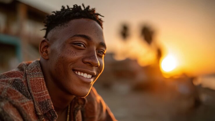 A Joyful Portrait at Sunset: Capturing a Young Man's Radiant Smile Against a Beautiful Beach Horizon Filled with Golden Sunlight